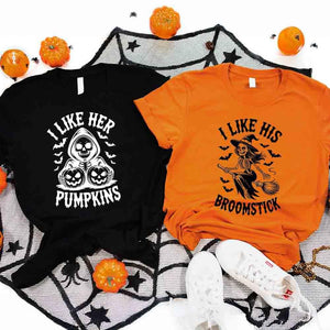 I Like Her Pumpkins & His Broomstick Shirts | Funny Matching Halloween Couple T-Shirts — view 1