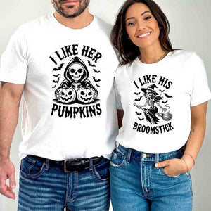 I Like Her Pumpkins & His Broomstick Shirts | Funny Matching Halloween Couple T-Shirts — view 2