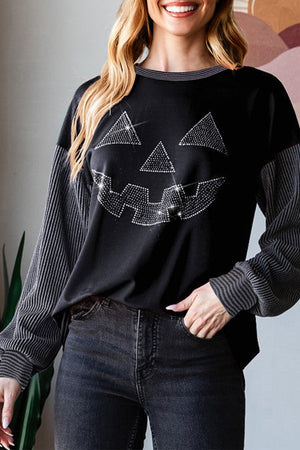 Black Halloween Rhinestone Pumpkin Face Contrast Ribbed Long Sleeve Patchwork Top — view 1