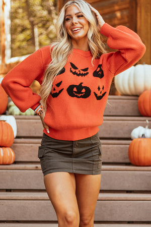 Halloween Pumpkin Face Drop Shoulder Sweater — view 5