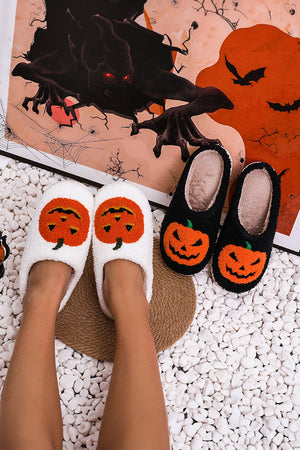 White Halloween Pumpkin Print Plush Slippers (Runs Small, Size Up) — view 7