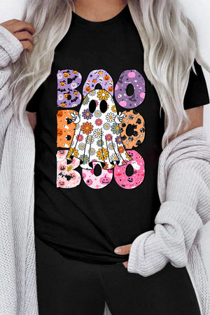 Black BOO Floral Ghost Print Crew Neck Halloween T Shirt — view 2