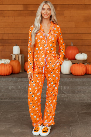 Orange Halloween Print Lapel Shirt Long 2pcs Pajama Set — view 14