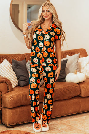 Orange Halloween Pattern Short Sleeve Shirt Pajama Set — view 11