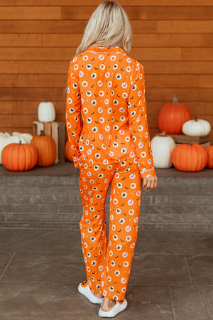 Orange Halloween Print Lapel Shirt Long 2pcs Pajama Set — view 15