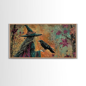 The Witch and The Raven Familiar, Framed Canvas Print, Halloween Gift, Halloween Props, Halloween Wall Art — view 1
