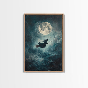 Witchy Decor, Witch Wall Art, Witch Riding a Broom Under a Full Moon, Witch Painting, Framed Canvas Print, Witchy Wall Art, Halloween Decor — view 2