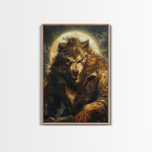 Ferocious Werewolf Under Full Moon Framed Canvas Print | Halloween Monster Art | Spooky Werewolf Decor for Home | Intense Werewolf Artwork — view 1