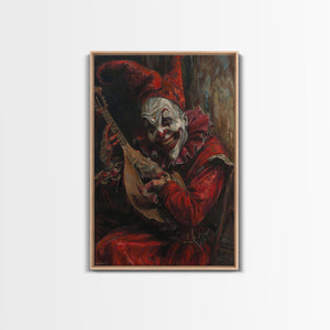 Sinister Clown with Blood-Stained Mandolin | Halloween Wall Art | Spooky Home Decor | Creepy Clown Mandolin Painting | Framed Canvas Print — view 1