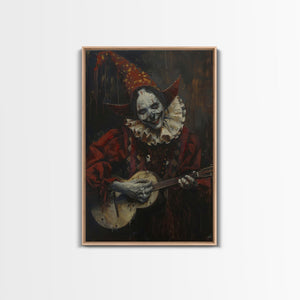 Creepy Clown Playing Guitar, Framed Canvas Print, Spooky Circus Art, Halloween Wall Decor, Horror Clown Illustration, Creepy Home Decor — view 1