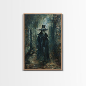Ghostly Figure in Victorian Attire - Eerie Night Stalker Gothic Art Framed Canvas Print, Halloween Haunted House Decor — view 1