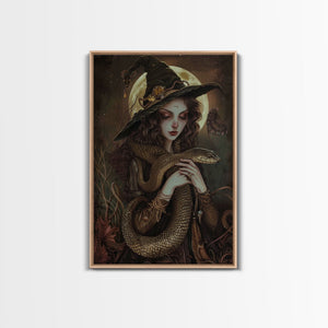 Witch Holding Snake under Full Moon - Dark Forest Sorcery Gothic Art Framed Canvas Print, Halloween Witchy Decor — view 1