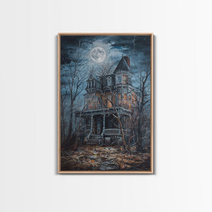 Abandoned House Under Moon Full Halloween Art, Spooky Mansion, Haunted Home, Creepy Decor, Gothic Artwork, Framed Canvas Print — view 1