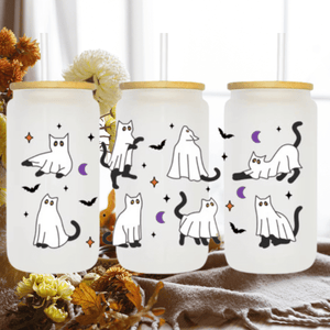 Halloween Ghost Cat Glass Cup – Coffee & Iced Drink Mug, Spooky Gift — view 5