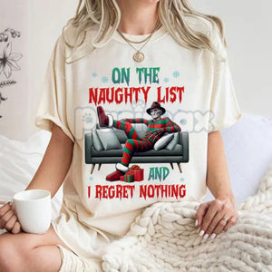 "On The Naughty List And I Regret Nothing" Christmas Shirt - Christmas Halloween Characters Tee, Team Naughty — view 5