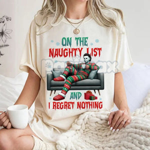 "On The Naughty List And I Regret Nothing" Christmas Shirt - Christmas Halloween Characters Tee, Team Naughty — view 6