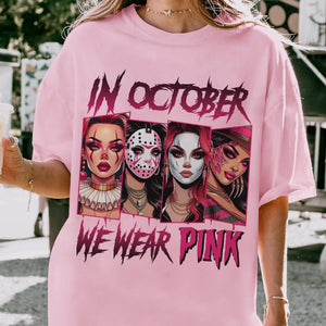 "In October We Wear Pink" Horror T-Shirt - Halloween Breast Cancer Awareness Tee, Cancer Survivor Support Squad Shirt — view 10