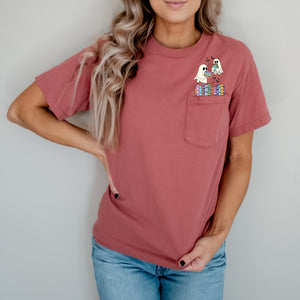 Cute Book Lover Ghosts Reading Library Pocket Halloween Season Comfort Colors Tee — view 3