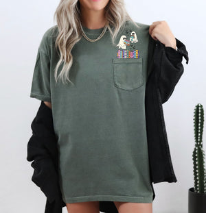 Cute Book Lover Ghosts Reading Library Pocket Halloween Season Comfort Colors Tee — view 4
