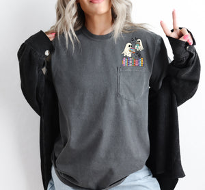 Cute Book Lover Ghosts Reading Library Pocket Halloween Season Comfort Colors Tee — view 2