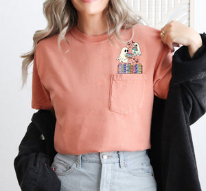 Cute Book Lover Ghosts Reading Library Pocket Halloween Season Comfort Colors Tee — view 1