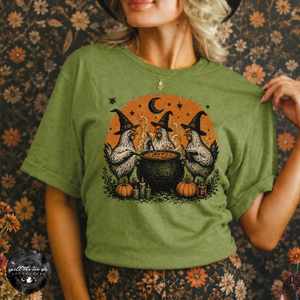 Chicken Witch Trio Tee | Funny Halloween Chicken Graphic T-Shirt — view 1