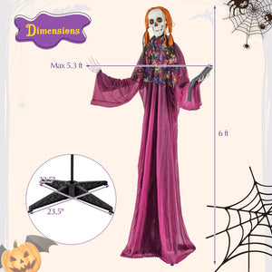 6 Feet Halloween Animatronic Standing Girl Holding Book with Sound-Activated Light-up Eyes and Moving Arms & Head — view 5