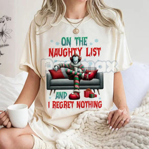 "On The Naughty List And I Regret Nothing" Christmas Shirt - Christmas Halloween Characters Tee, Team Naughty — view 7