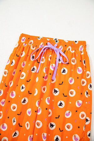 Orange Halloween Print Lapel Shirt Long 2pcs Pajama Set — view 9