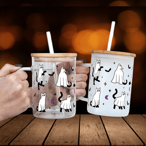Halloween Ghost Cat Glass Cup – Coffee & Iced Drink Mug, Spooky Gift — view 1