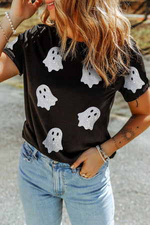 Black Glitter Ghost Pattern Crew Neck Halloween T Shirt — view 5