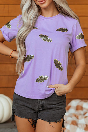 Wisteria Sequin Halloween Bat Patched Casual T Shirt — view 9