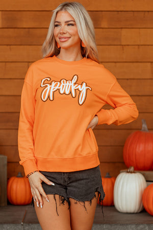 Grapefruit Orange Spooky Graphic Halloween Crew Neck Holiday Sweatshirt — view 18