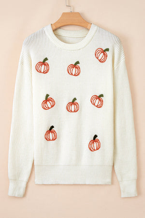 Halloween Pumpkin Embroidered Ribbed Thanksgiving Holiday Sweater — view 2