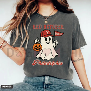 'Red October' Halloween Ghost T-Shirt – Spooky Baseball Philadelphia Tee, Phillies Fan Vintage Halloween Shirt — view 1