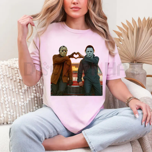 90S Vintage Retro Heart Hands Michael And Jason Halloween TShirt — view 1