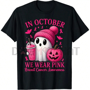 "In October We Wear Pink Breast" Cancer Awareness Tee – Cute Ghost & Pumpkin Graphic Print Shirt, Unisex Halloween Tops — view 1