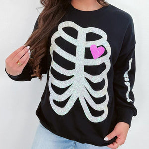 Sequin Skeleton Halloween Sweatshirt for Women – Spooky Casual Crew Neck Pullover, Long Sleeve Fall Streetwear — view 2
