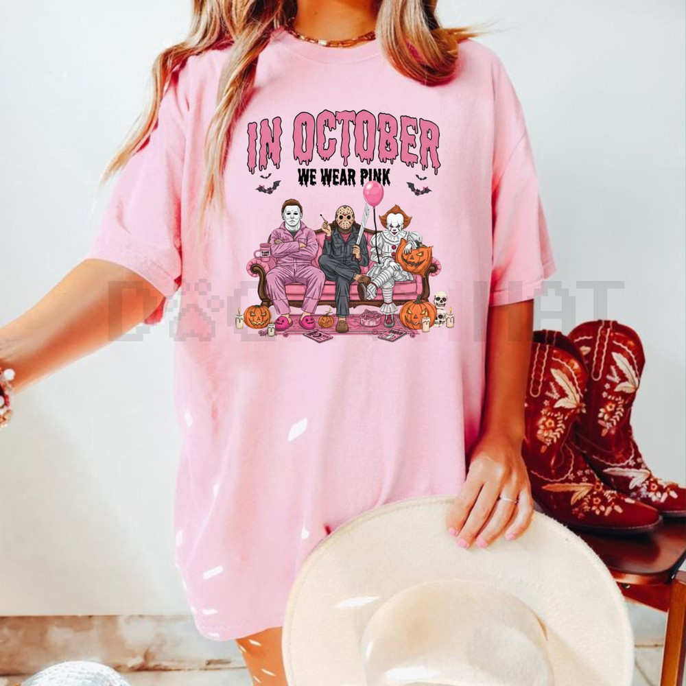 Women's Halloween Graphic T-Shirt – "In October We Wear Pink" Lettering with Ghosts Pumpkins Candy Design