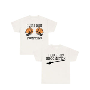Halloween Couple T-Shirts – I Like Her Pumpkins / I Like His Broomstick — view 2
