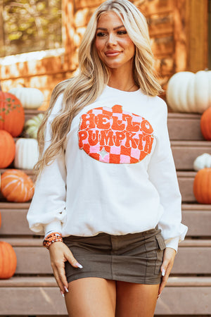White Terry Halloween Pumpkin Patched Pattern Pullover Sweatshirt — view 8