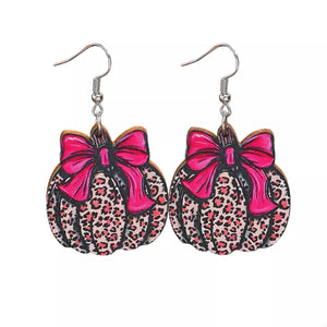 Halloween Pumpkin Leopard Print Bow Earrings — view 4