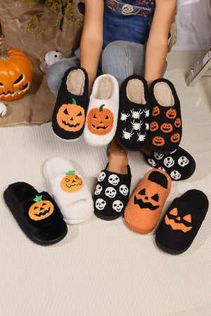 White Halloween Pumpkin Print Plush Slippers (Runs Small, Size Up) — view 8
