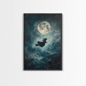 Witchy Decor, Witch Wall Art, Witch Riding a Broom Under a Full Moon, Witch Painting, Framed Canvas Print, Witchy Wall Art, Halloween Decor — view 4