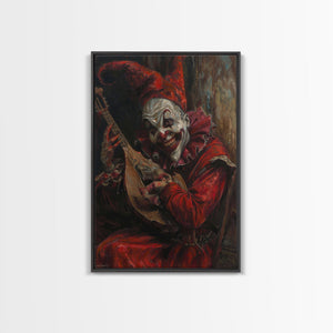 Sinister Clown with Blood-Stained Mandolin | Halloween Wall Art | Spooky Home Decor | Creepy Clown Mandolin Painting | Framed Canvas Print — view 2