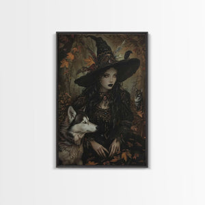 Witch with Wolves in Enchanted Forest - Dark Sorcery Mystical Art Framed Canvas Print, Halloween Gothic Decor — view 2