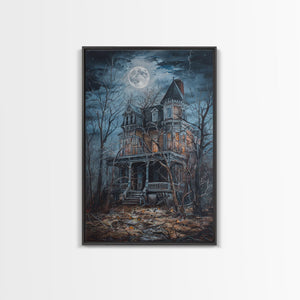 Abandoned House Under Moon Full Halloween Art, Spooky Mansion, Haunted Home, Creepy Decor, Gothic Artwork, Framed Canvas Print — view 2