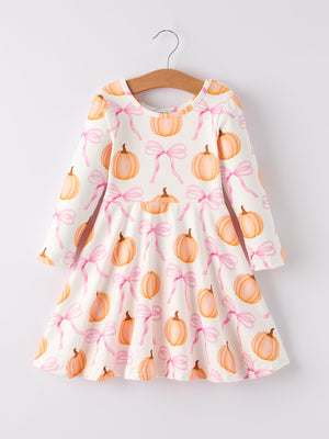 PREORDER Fall Halloween & Thanksgiving Pumpkin Bow Print Long Sleeve Dress — view 6