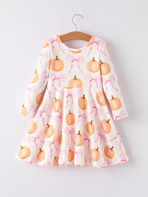 PREORDER Fall Halloween & Thanksgiving Pumpkin Bow Print Long Sleeve Dress — view 7