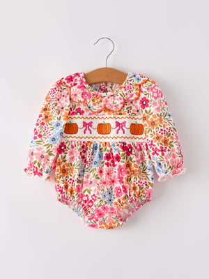 Fall Halloween & Thanksgiving Pumpkin Bow Smock Embroidered Floral Baby Girl Romper — view 6